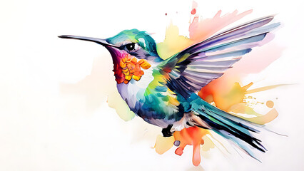 Fototapeta premium The delicate figure of a hummingbird hovers weightlessly in a watercolor vector illustration, each brushstroke defining the subtle iridescence of its feathers against the stark white background.