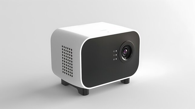 A small, portable projector with a minimalistic design, isolated on a white surface.