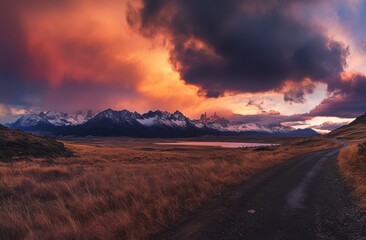Dramatic Sunset Over Snowy Patagonian Mountains