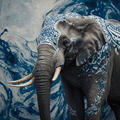 An abstract painting of an elephant with swirling white and blue patterns.