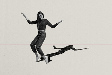 Creative collage picture young woman dance positive mood movement entertainment disco funky motion...