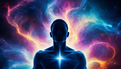 Inner Cosmos: A Man Silhouetted Against a Vibrant Nebula, Representing Spiritual Awakening and Cosmic Connection