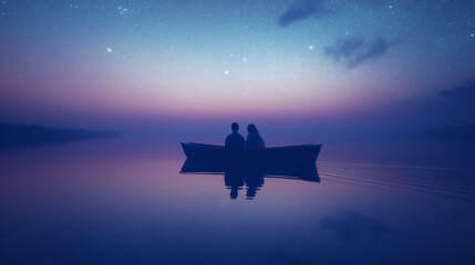 A soft, dreamlike shot of a couple enjoying a peaceful boat ride on a glowing lake under a starry sky, capturing the calm and serenity of the moment