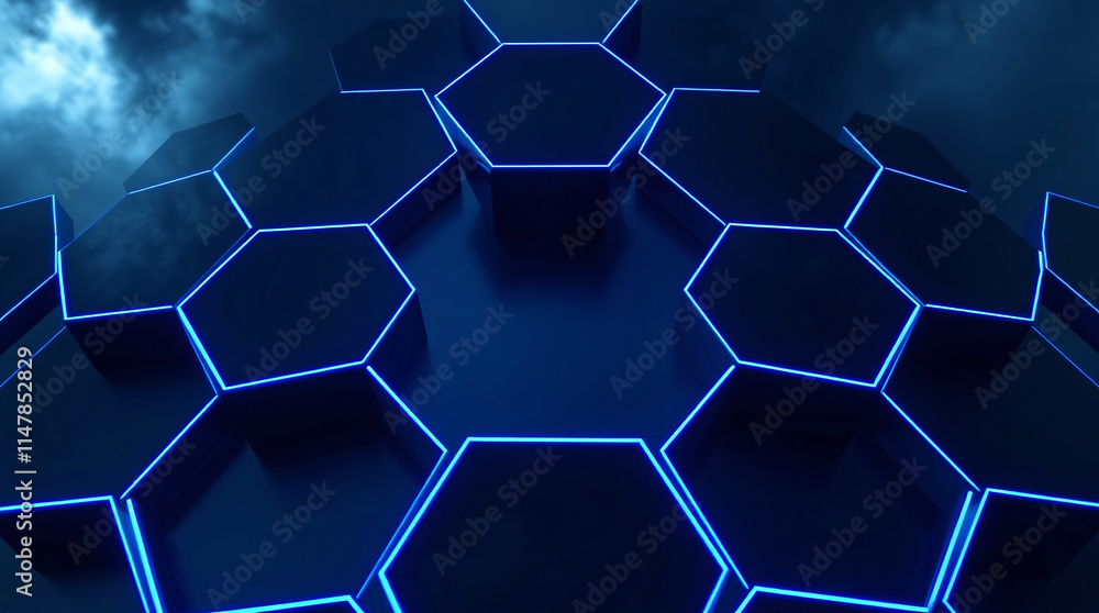 Poster futuristic digital hexagon design, highlighting abstract geometric shapes and a digital grid, creati
