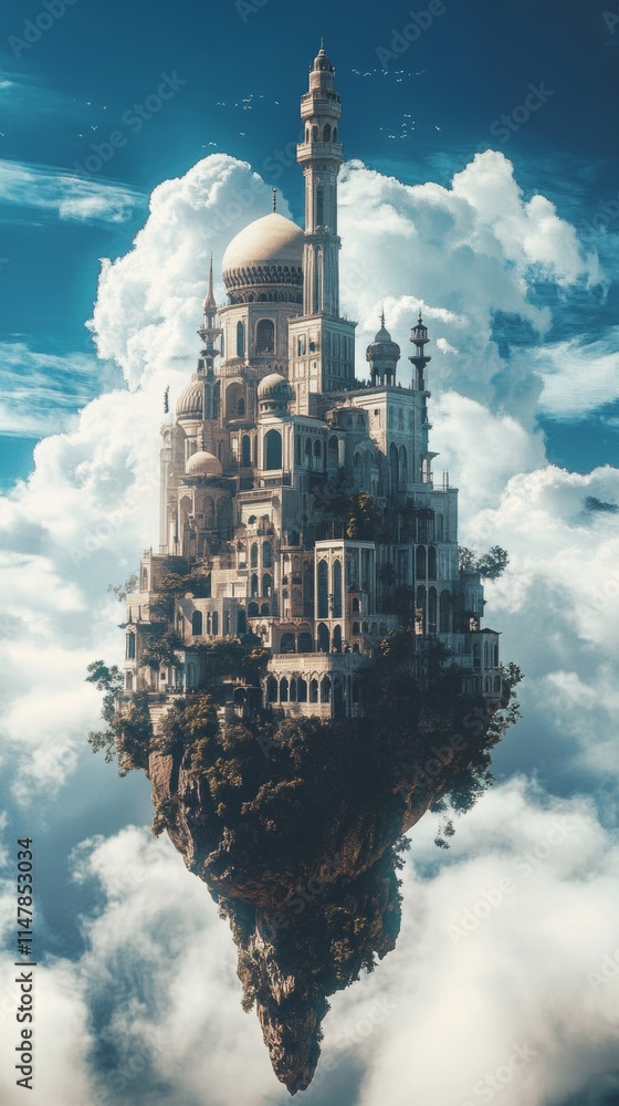 Poster a castle is floating in the sky. the castle is surrounded by clouds. there are many trees in the sky