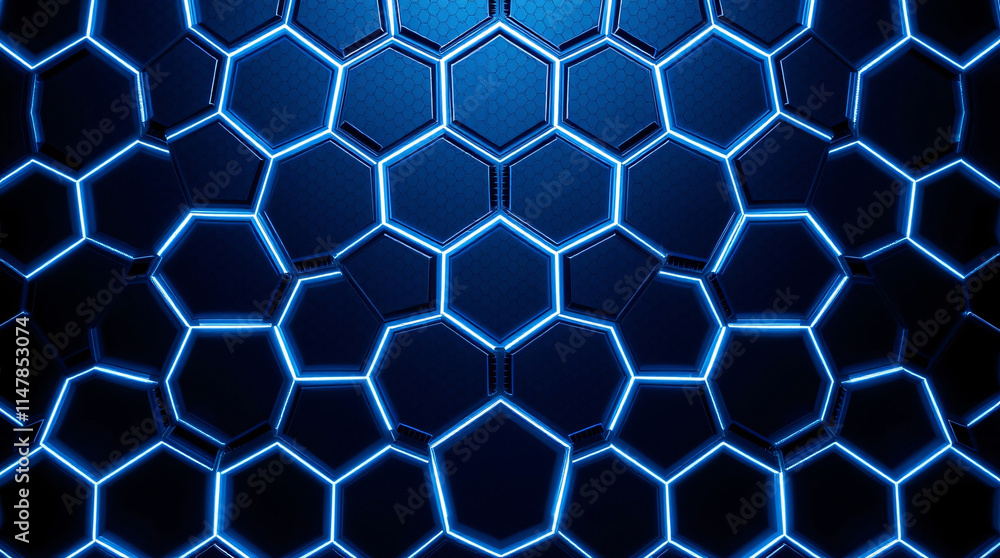 Poster hexagonal digital pattern background, featuring geometric precision and abstract lighting effects fo