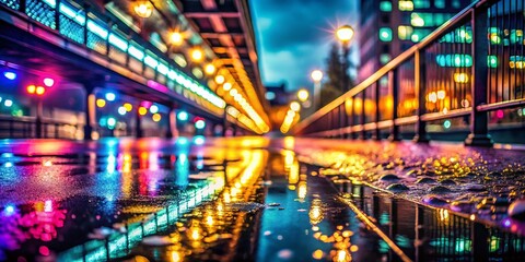 Obraz premium Footbridge Bokeh Photography: Urban Night Scene, Blurred Lights, Cityscape, Underpass, Soft Focus, Dramatic Lighting, Abstract Photography