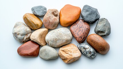 Obraz premium A collection of various sized and colored stones, featuring smooth and rough textures, arranged in a natural formation on a clean white background.