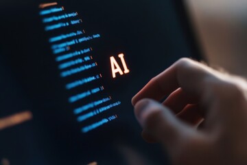 Programmer developing artificial intelligence on computer screen