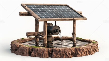 Obraz premium Off Grid Solar Powered Rustic Fountain in Peaceful Woodland Landscape Renewable energy sustainable living and natural beauty come together in this serene self sufficient scene