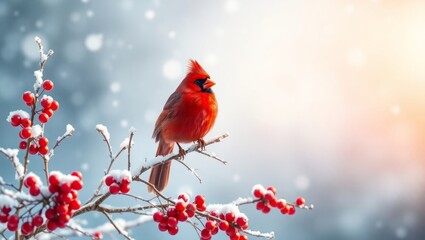 Northern cardinal perching on snowy branch with red berries in winter