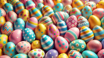A vibrant collection of colorful Easter eggs with intricate floral and geometric patterns, surrounded by soft lighting and cheerful spring accents.