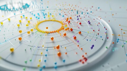 A striking 3D radar chart with colorful axes, representing multiple data points, set on a white surface.