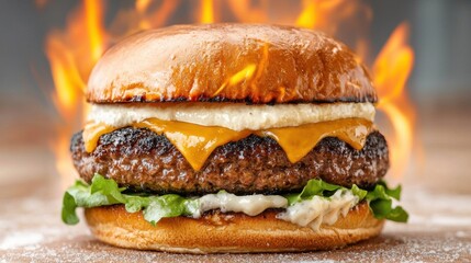 The burger sandwich was engulfed in vigorous flames, the charred edges and smoky aroma adding a tantalizing crunch to each bite.