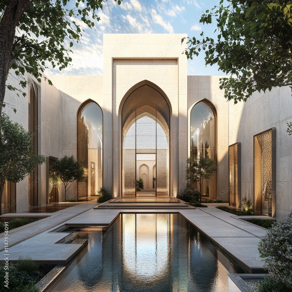Poster a large pool with a white mosque in the background. the pool is surrounded by trees and bushes
