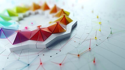 A striking 3D radar chart with colorful axes, representing multiple data points, set on a white surface.