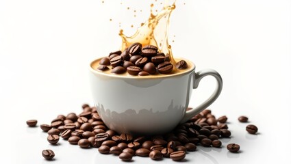 Obraz premium Coffee splashing in a white cup surrounded by coffee beans