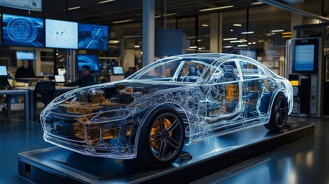 Wireframe of a car, glowing, on a reflective platform.