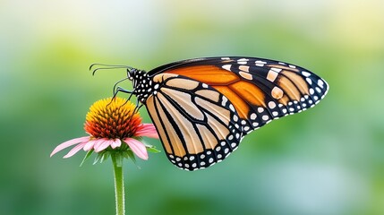 Fototapeta premium A beautiful Monarch butterfly delicately perched on a colorful coneflower petal in a lush garden, with its vibrant orange and black wings in sharp focus against the soft