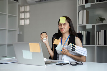 Stressed Office Worker Juggling Documents and Coffee in a Modern Workspace