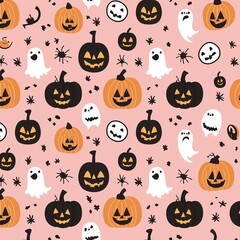 Pink background with black and orange pumpkins, ghosts, and spiders.