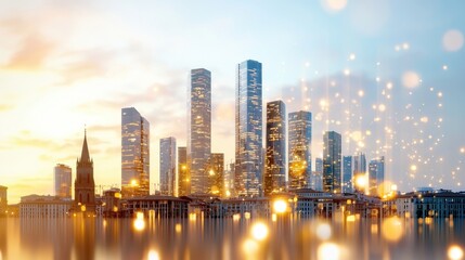 The digital rendering of the city skyline of Milan showcases an array of sleek, modern skyscrapers towering over historical architecture