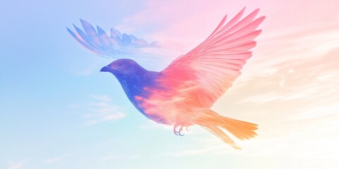 Obraz premium A colorful bird flying in the sky. The bird is multicolored and has a long tail
