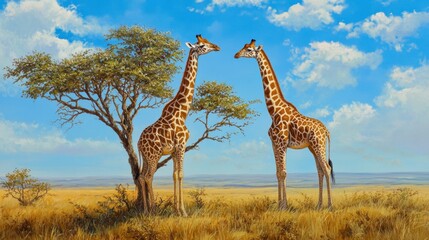 Obraz premium Two Giraffes Stand Tall Beneath A Sunny African Sky