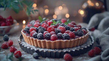 A berry tart dusted with powdered sugar, sits on a rustic table.