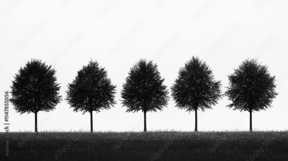 Poster a row of five trees are standing in a field. the trees are all black and are spaced evenly apart