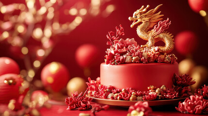 Celebrating China's New Year A Festive Cake Featuring Dragon and Flowers Food Display Vibrant Atmosphere