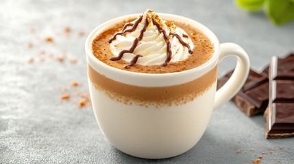 A cup of frothy frappe, topped with a generous swirl of whipped cream and drizzled with rich chocolate sauce