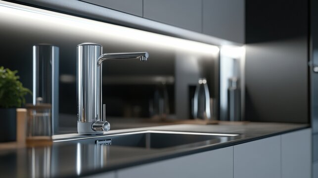 Contemporary kitchen featuring a sleek water filter under stylish ambient lighting. Generative AI