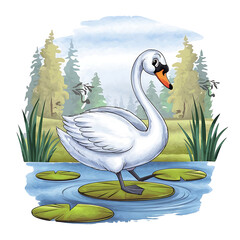Obraz premium A watercolor of a cartoon swan animation. The swan is walking on a lily pad in a calm pond. The background is a serene landscape with tall trees and a clear sky. 