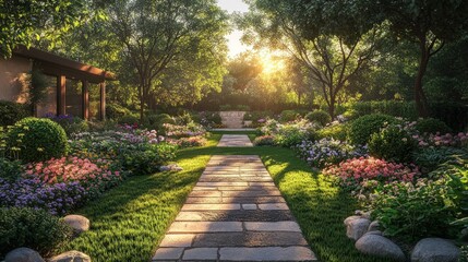 Fototapeta premium Sunlit garden path, vibrant flowers, stone walkway.
