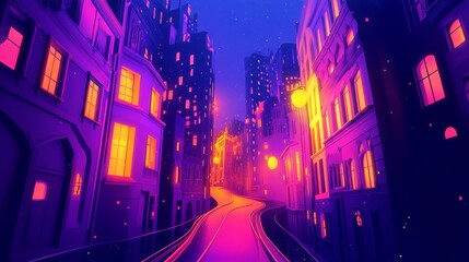 Fototapeta premium A colorful digital illustration of a neon-lit city street at night, showcasing glowing buildings and a vibrant urban atmosphere.