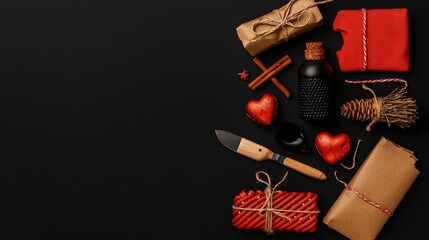 Festive red and brown gifts, hearts, and spices on black background.