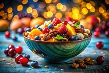 Naklejka premium A bokeh-filled still life: a blue table hosts a colorful array of fruits and nuts, captivatingly out of focus.
