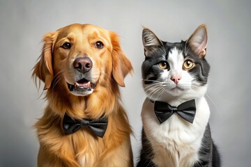 Obraz premium Adorable photo: a Golden Retriever and tuxedo cat, the best of friends.