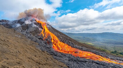 The molten lava flow resembled a blazing river of glowing red and orange liquid rock, oozing and bubbling as it made its way down the steep volcanic slopes, leaving a trail of destruction in its wake.