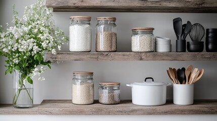 Rustic kitchen shelves with glass jars of dry goods, wooden spoons, and white pot.