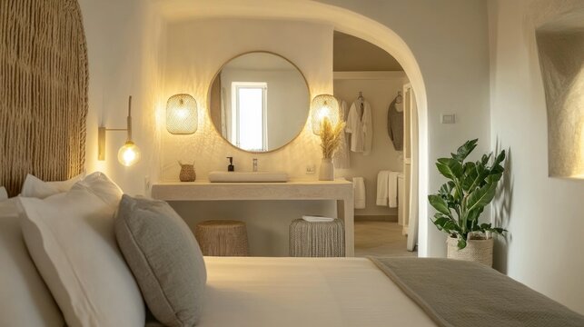 Luxurious minimalist bedroom with ensuite bathroom.