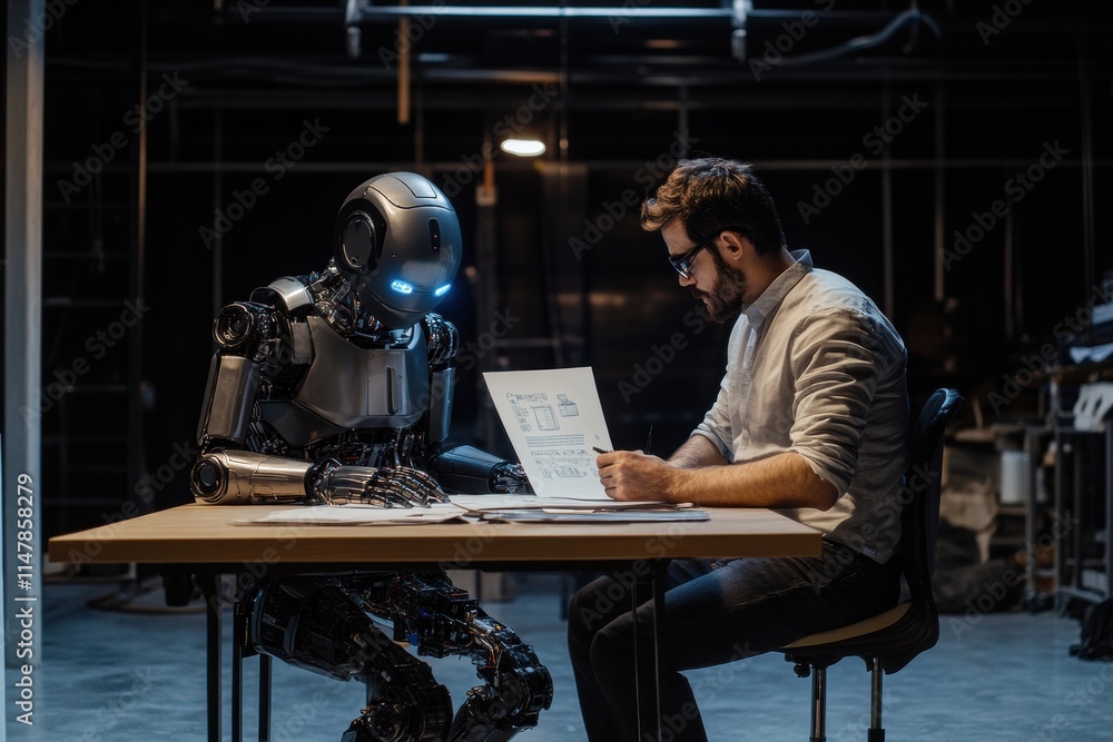 Aufkleber Collaboration between human and robot at a desk on innovative project during evening in modern workspace. Generative AI