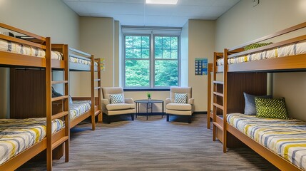 Fototapeta premium Dormitory Room with Neatly Arranged Bunk Beds and Carpeted Flooring