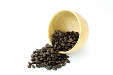 Close up of of raw roasted coffee beans in wooden cup and outside isolated on white background stack