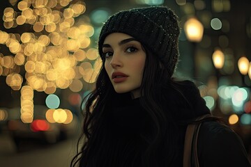 A beautiful woman wearing winter and a hat walks through the city, with Christmas lights in the background