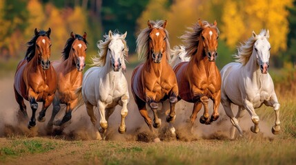 Obraz premium The sound of hooves pounding against the dusty ground echoes through the valley as a herd of sleek, powerful western horses gallop in perfect harmony, their muscles rippling with each powerful stride.