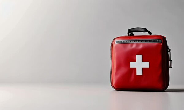 A red first aid kit with a white cross symbol, designed for emergency medical supplies.