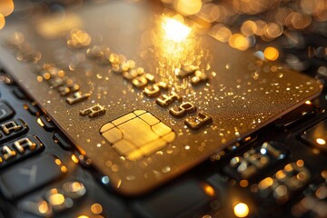 Gold credit card is on a keyboard with a lot of sparkles close up