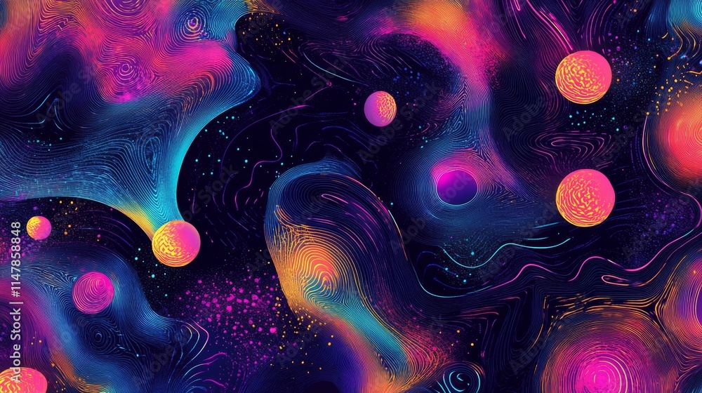 Poster a colorful space background with many small circles. the circles are in different colors and sizes. 